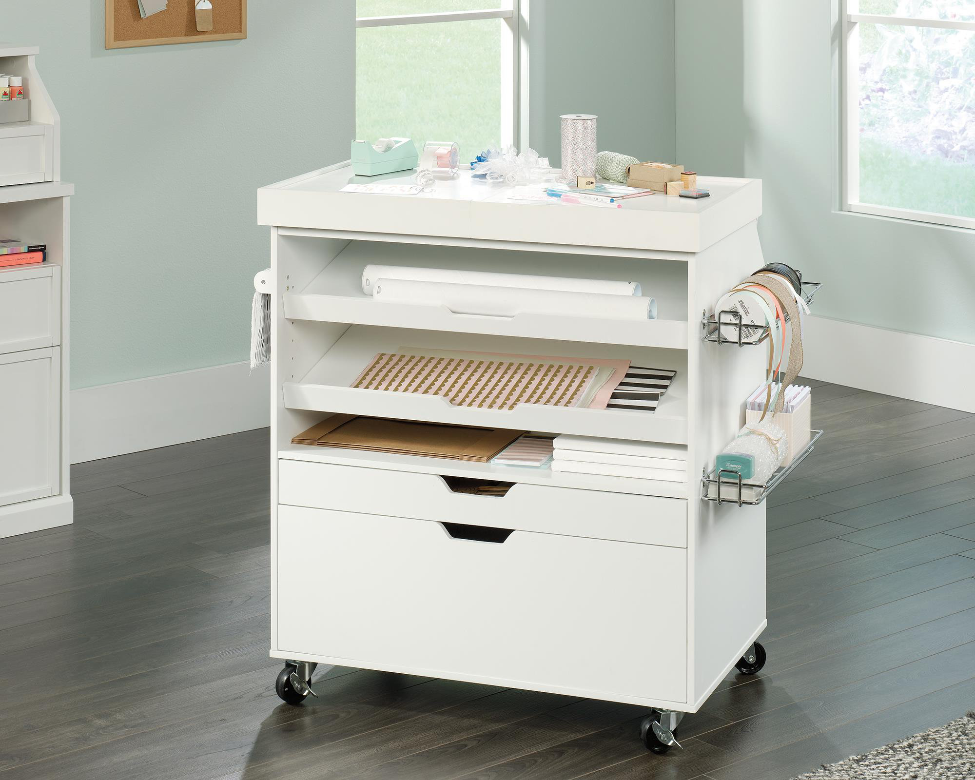 white craft table with drawers