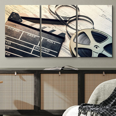 Film Camera Projection Machine Chalkboard and Roll on Wooden Table - 3 Piece Wrapped Canvas Photograph Print Set