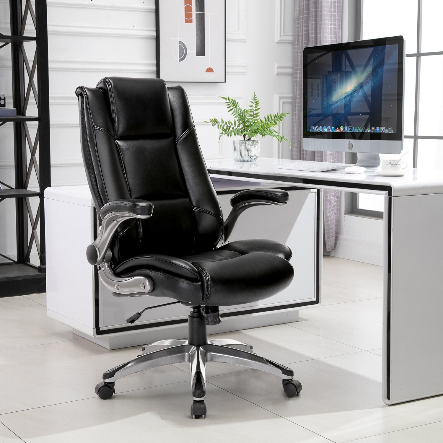 Inbox Zero Office Chair High Back Leather Executive Computer Desk Chair Flip Up Arms And Adjustable Tilt Angle Swivel Chair Thick Padding For Comfort And Ergonomic Design For Lumbar Support Wayfair