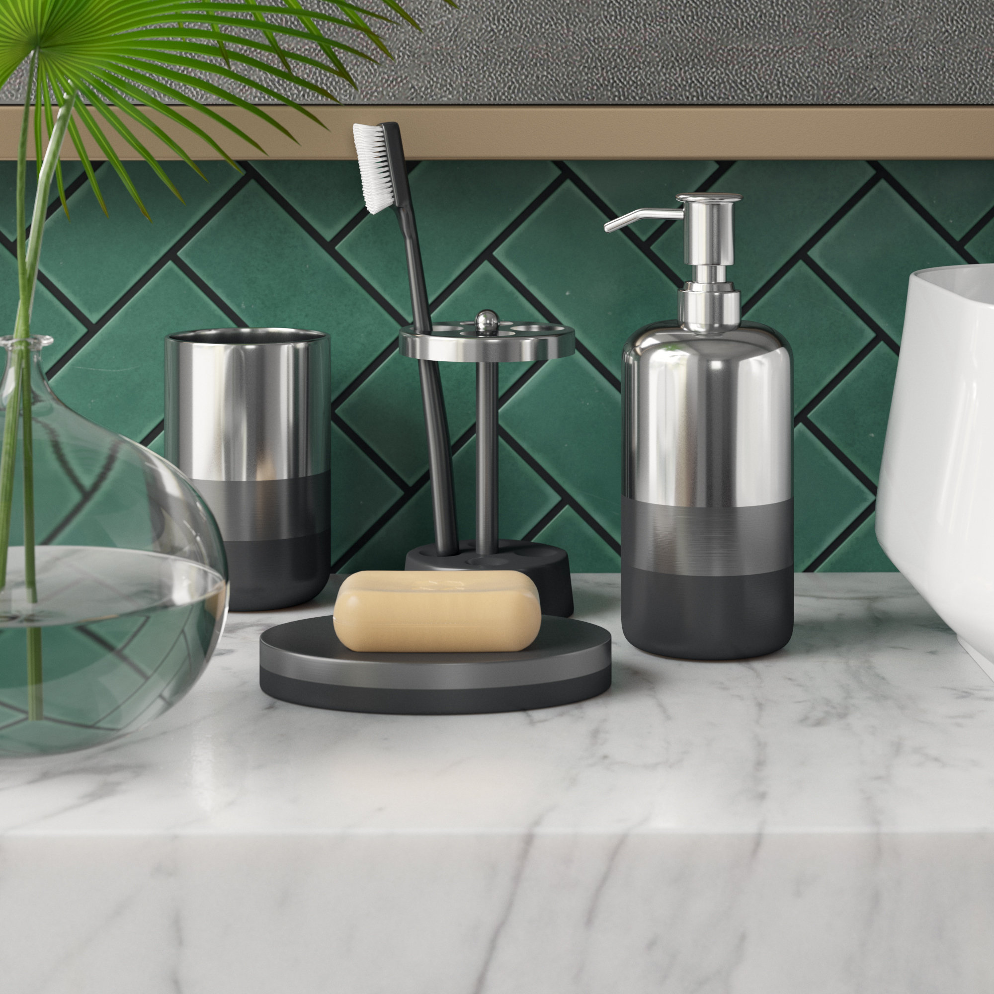 Hand Carved Real Stone Stainless Steel Soap Dispenser 4 piece set complete