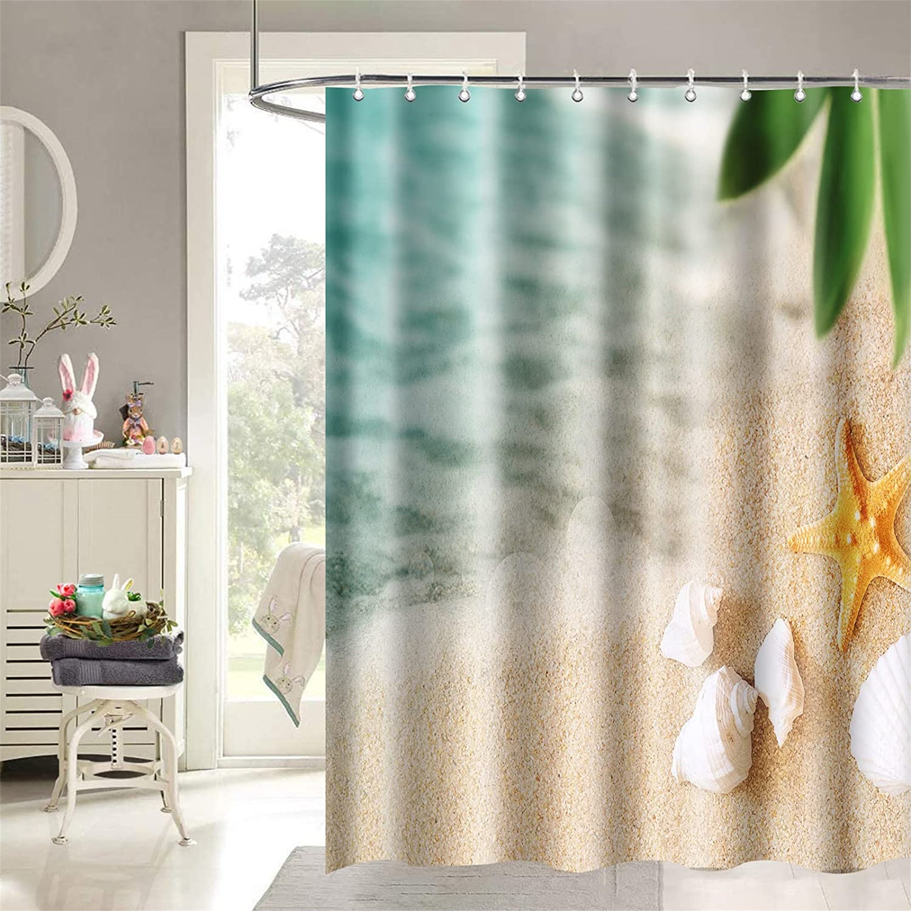 Starfish Beach Sea Shower Curtain Liner Bathroom Mat Set Polyester Fabric Hooks 