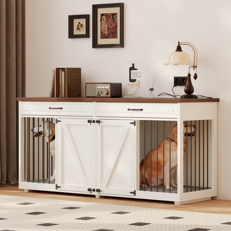 Dog Crate Furniture Indoor Wooden Dog Kennel Furniture With 2 Drawers & Room Divider - 72"L X 23.6"W X 34"H Color: White