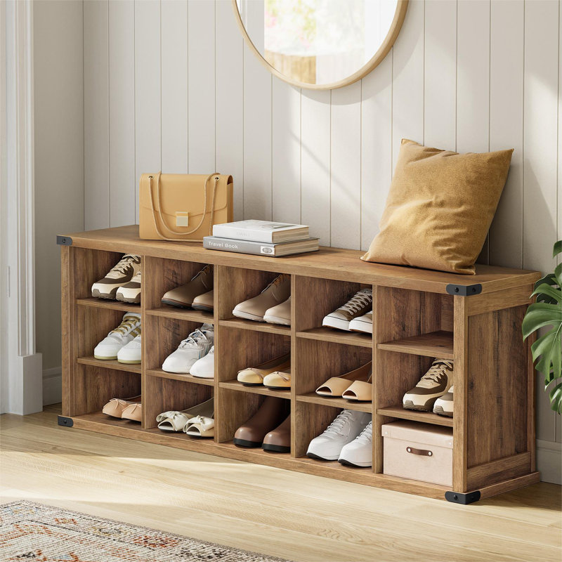 15 Pair Shoe Storage Bench with Adjustable Shelves Finish: Honey Brown
