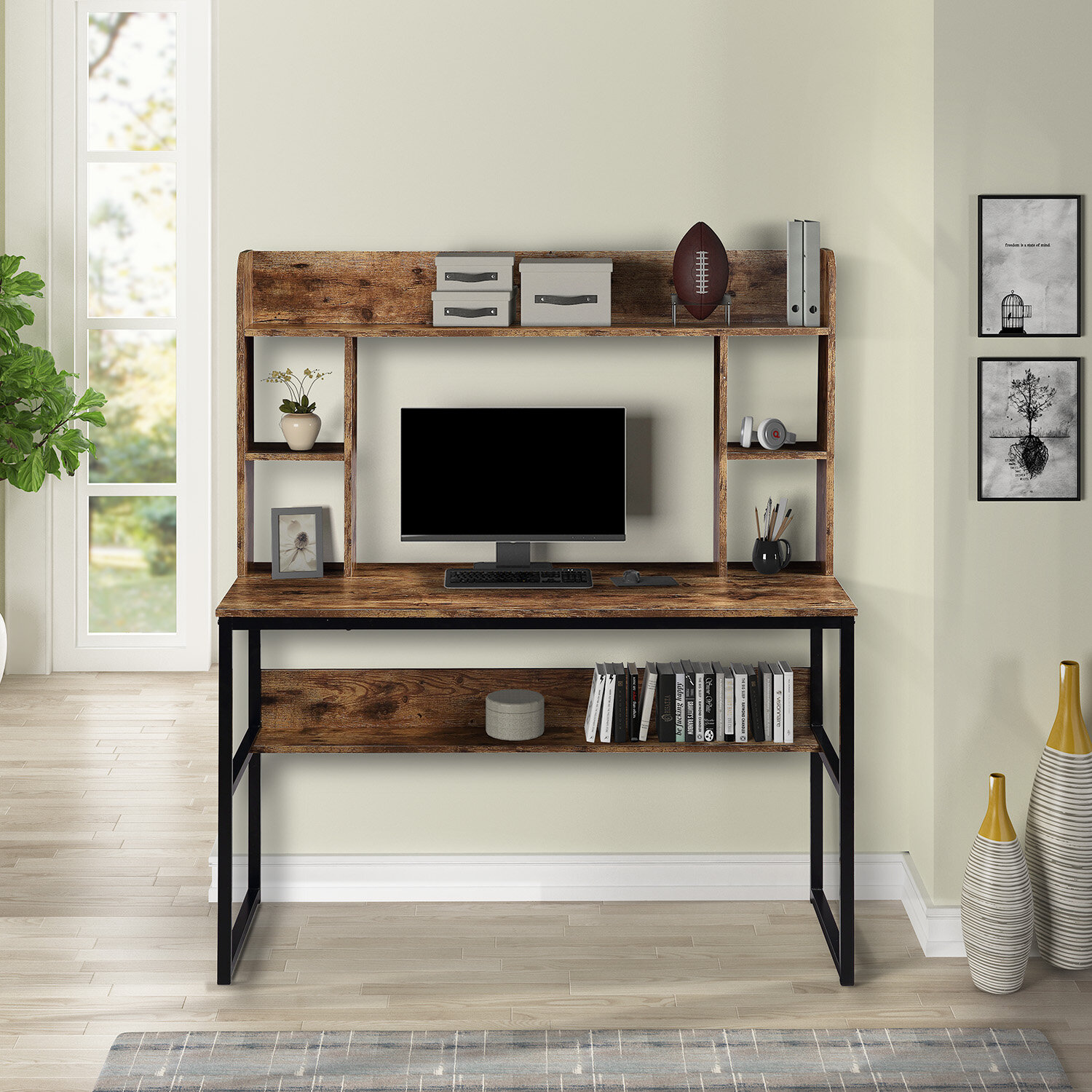 Inbox Zero Home Office Computer Desk With Hutch 47 Inch Rustic Office Desk And Modern Writing Desk With Storage Shelves Vintage And Black Legs Wayfair