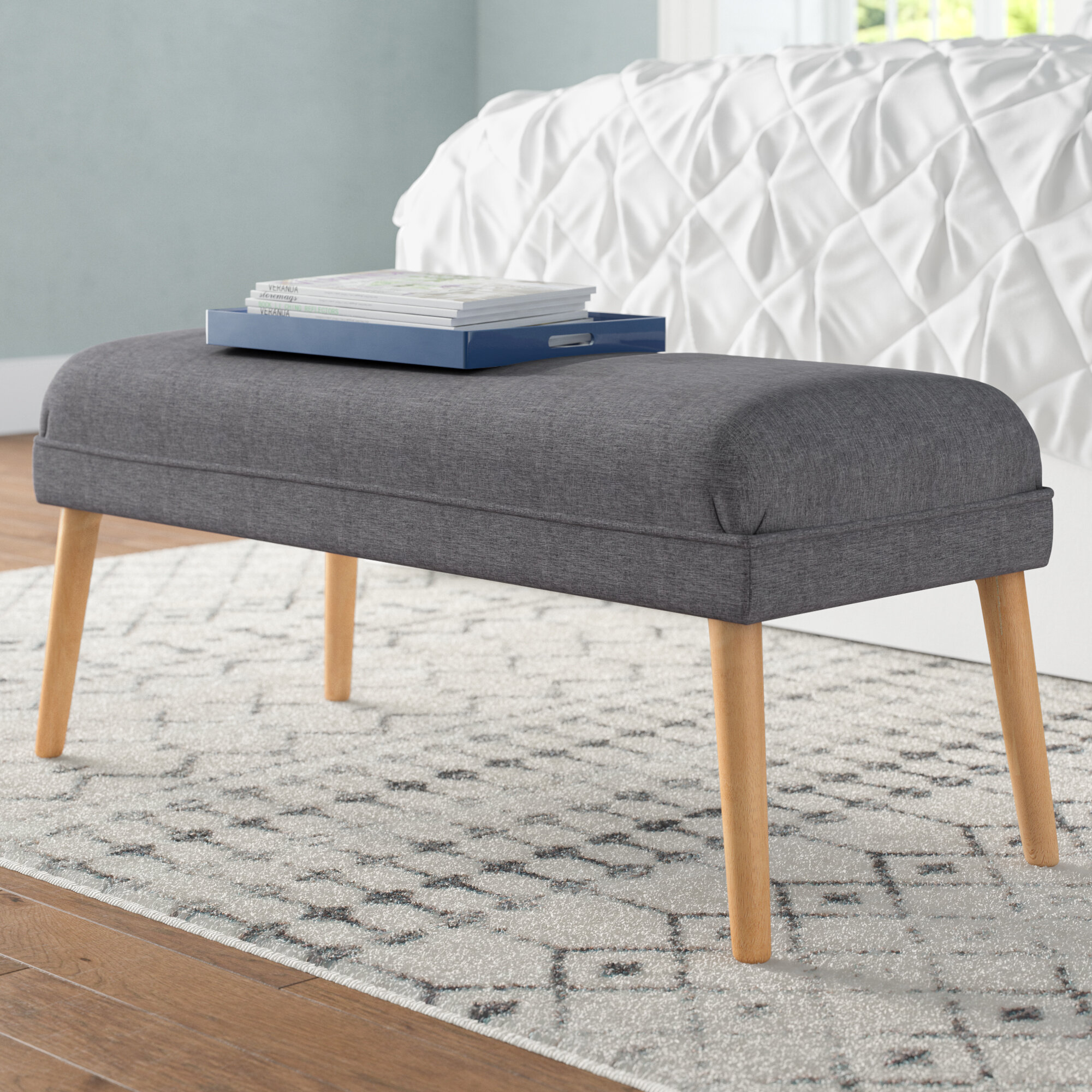 Handmade Scandinavian Bench Telephone Table Drawer Upholstered Grey Wool Tweed 