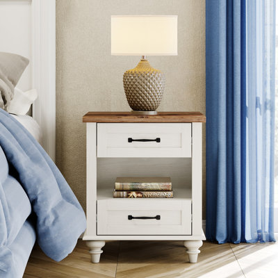 Allyssa WAMPAT White Nightstand Side Table With Two Drawers & Open Shelf