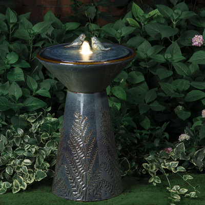 Loulou Two Birds Embossed Plant Pattern Pedestal Ceramic Fountain With Light