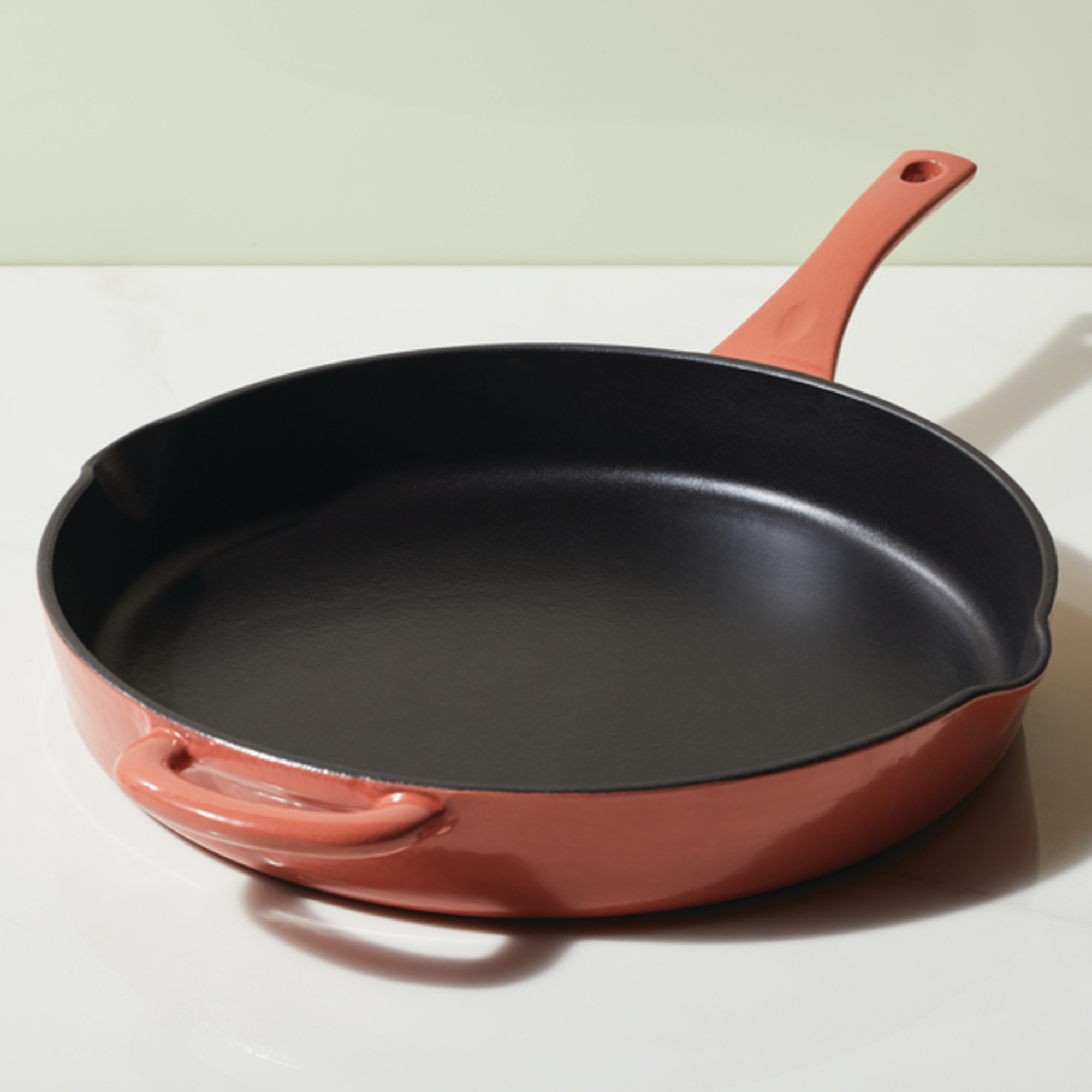 8" Enameled Cast Iron Skillet – Red Frying Pan With Pour Spouts & Removable Handle Cover | Oven & Stove Safe