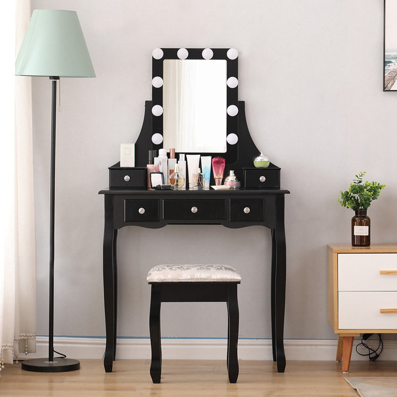 House Of Hampton Polla Led Dressing Makeup Vanity Set With Stool And Mirror Wayfair