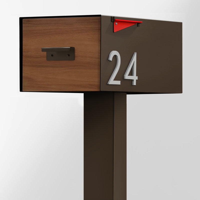 (Incomplete, only 1 box) Large Malone Post Mounted Steel Mailbox with Wood-Styled Door Mailbox Color: Brown, Font Color: Black, Customize: Yes