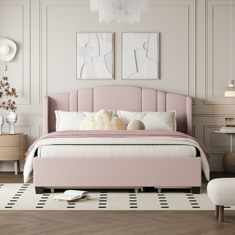 incomplete only 1 box Of 2) Jarhia Upholstered Platform Bed With One Twin Trundle And 2 Drawers Color: Pink, Box 2 of 2) 