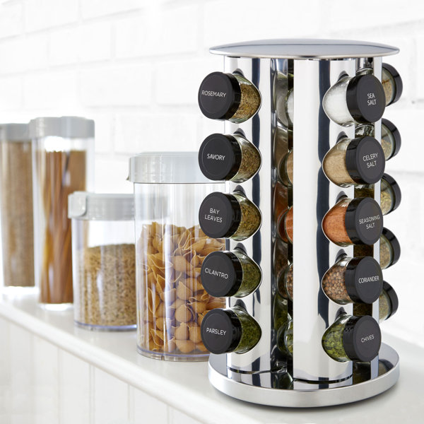 CHROME REVOLVING SPICE RACK STORAGE STAND WITH 12 HERBS AND SPICES SPICE JARS 