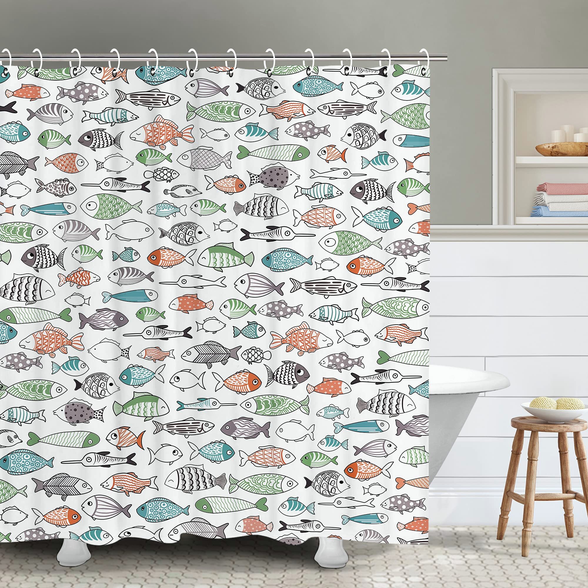 Aquatic Life with Fishes Nautical Shower Curtain Set Bathroom Mat Rug 72X72'' 