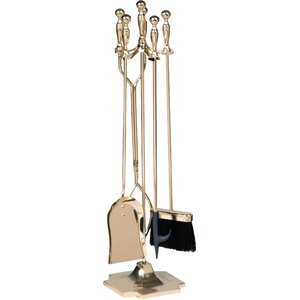 4 Piece Polished Brass Fireplace Tool Set With Stand