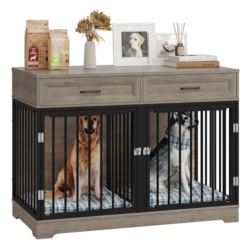 Chesterle Large Dog Crate Furniture Style With 2 Drawers And Divider Color: Gray