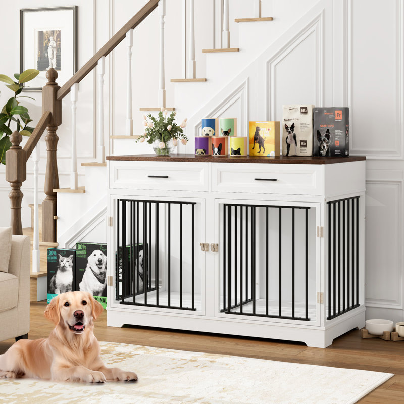 Chesterle Large Dog Crate Furniture Style With 2 Drawers And Divider Color: White/Walnut