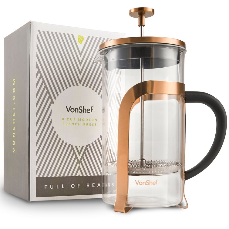 8 Cup/1 Litre Coffee Maker VonShef French Press Cafetière Gold Stainless Steel Glass 