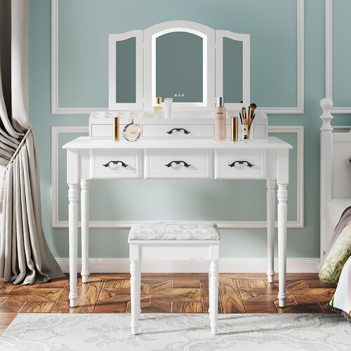 Rosdorf Park Makeup Vanity Table Set With Tri Folding Mirror Built In 3 Colour Led Light Dressing Desk With 7 Drawers And Cushioned Stool For Bedroom White Wayfair Ca