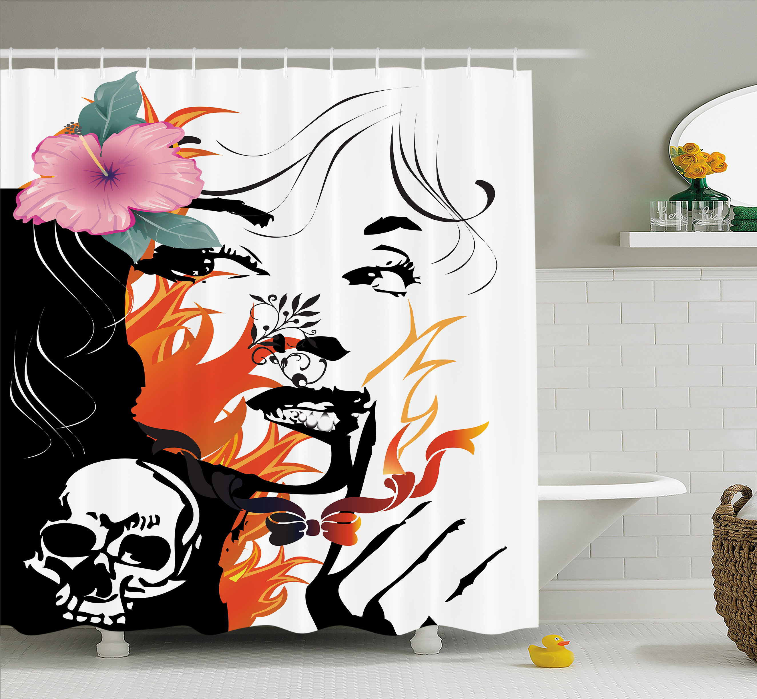 Floral Artwork with Peacock Feather Pattern and Leaf Print Shower Curtain Set 