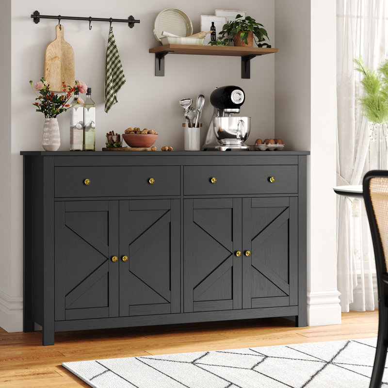 Zosia 55.1" Modern Sideboard Buffet, Credenza Storage Cabinets, Adjustable Shelves Color: Black