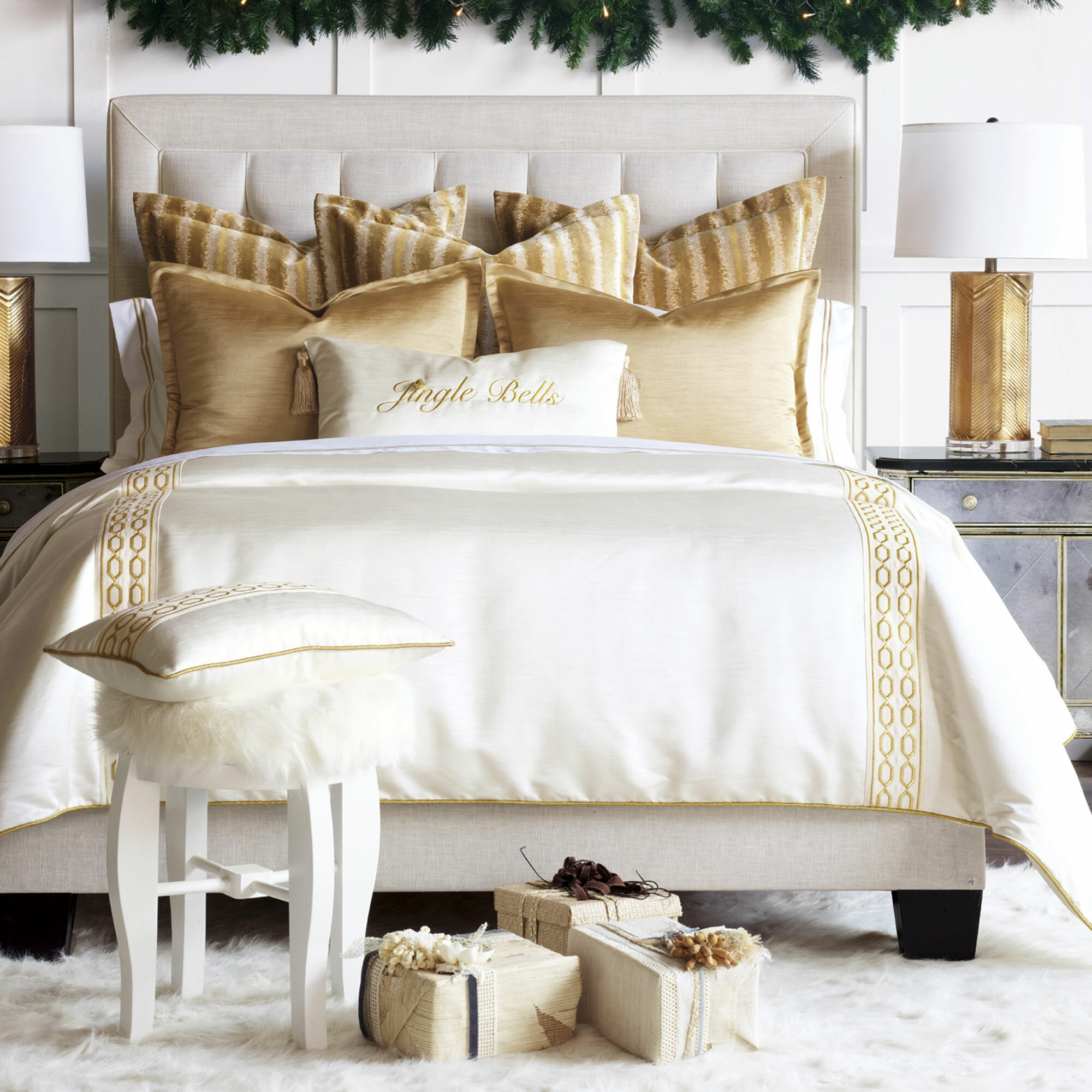 gold and white comforter