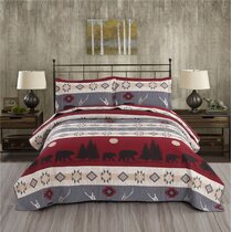 PIECE QUILT SET LODGE TEA DYED RED PLAID WEDDING RING BLACK BEAR ** QUEEN **3 