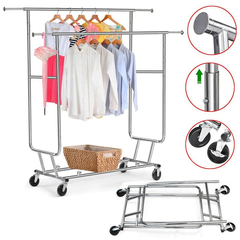 Commercial Garment Rolling Rack Double Rail Clothing Bar Retail Display Hanger Home Organization Home Garden