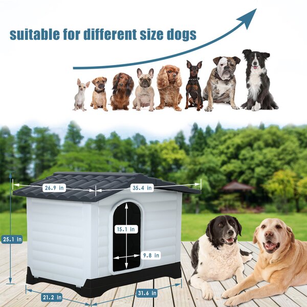 Plastic Dog House Waterproof Ventilate Pet Kennel Small Medium Large Puppy Dog House w/ Air Vents and Elevated Floor for Indoor Outdoor Pet Dog House Durable Big Dog House Easy to Assemble Pet House
