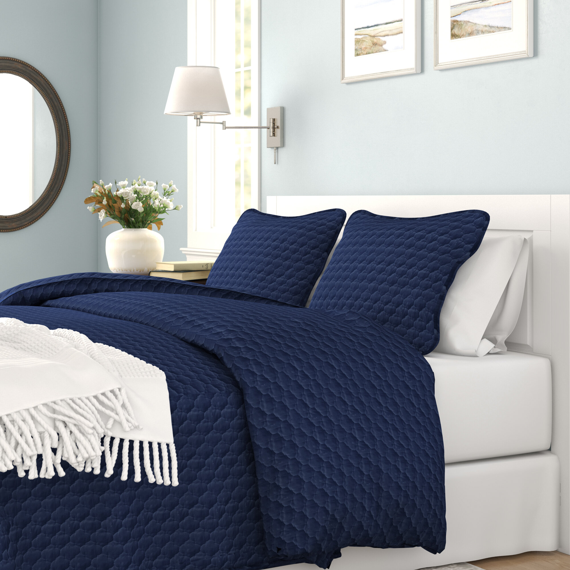 navy and white coverlet