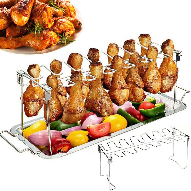 Stainless Steel BBQ Chicken Roaster Grill Stand Cooker Holder with Drip Pan USA 