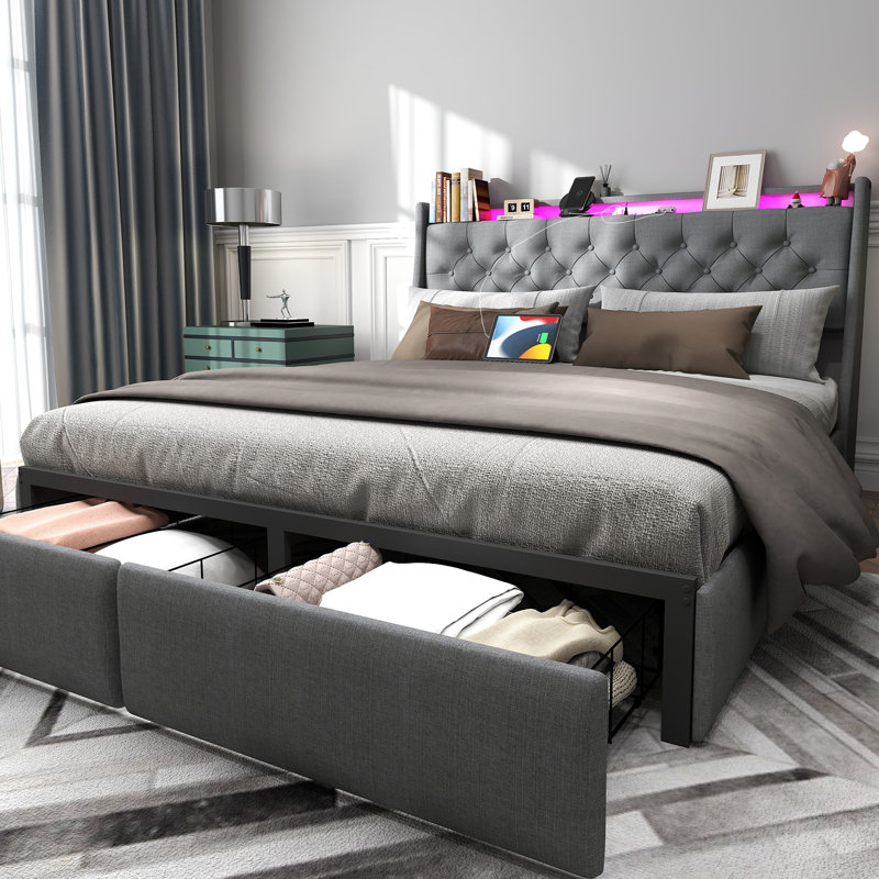 Upholstered LED Bed Frame With Storage Headboard Charging Station 2 Drawers Gray Size: Queen
