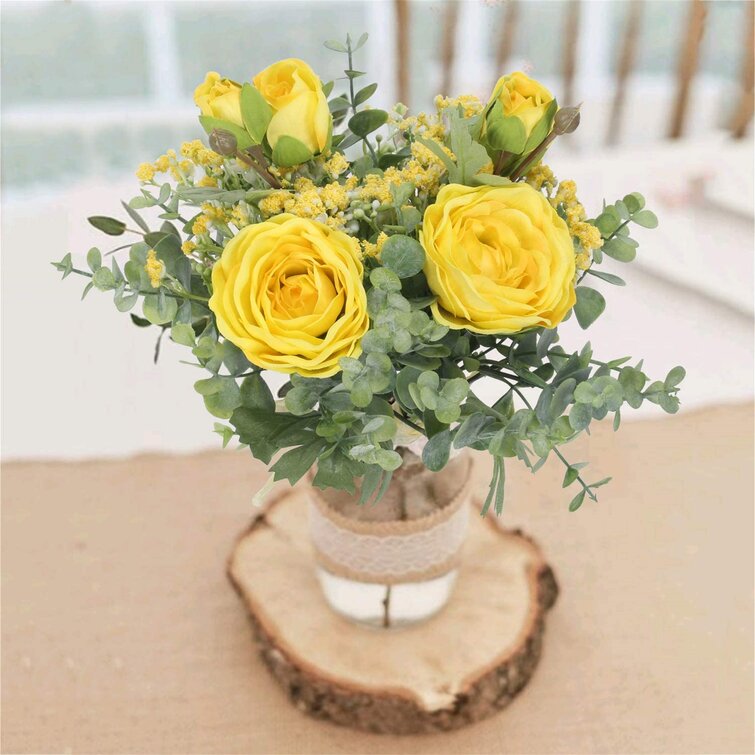 Artificial Yellow Rose Flower Arrangement Vase Centrepiece Plant Realistic Lifelike