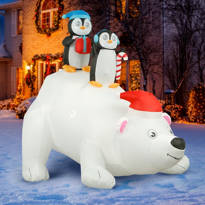 The Holiday Aisle® 8 Ft Inflatable Christmas Penguins On Polar Bear ...