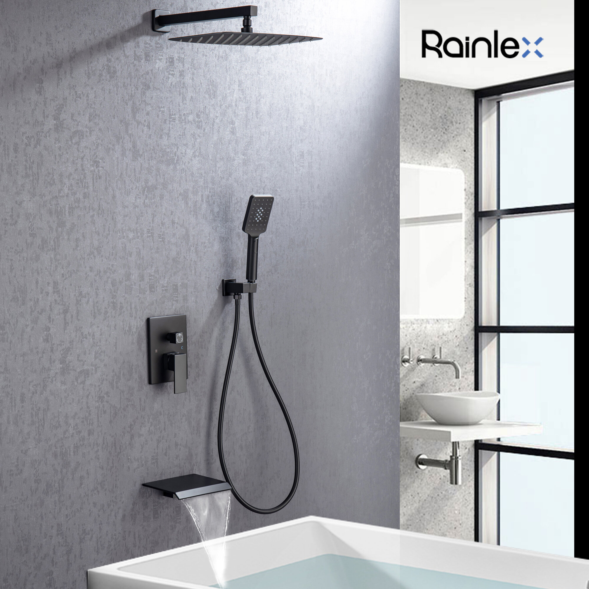 Black Rain Shower Combo Kits Set Wall Mount LED Shower Head System Mixer Faucet 