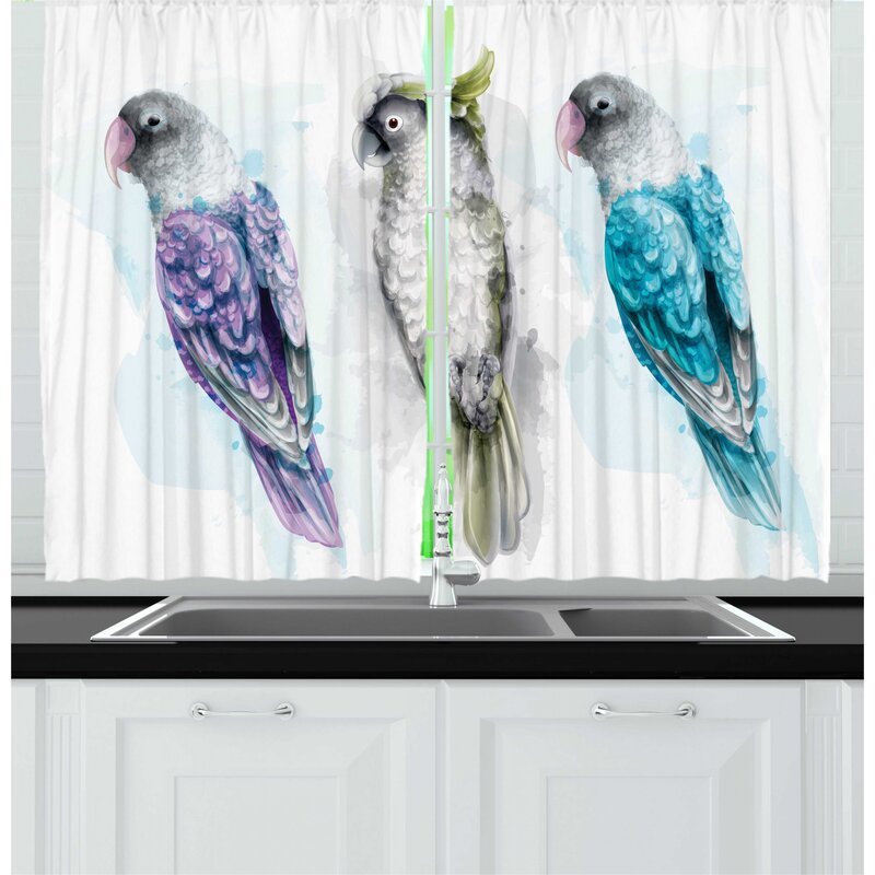 Download East Urban Home 2 Piece Birds Colorful Exotic Parrots With Watercolor Tropical Animal On Plain Backdrop Kitchen Curtain Set Wayfair