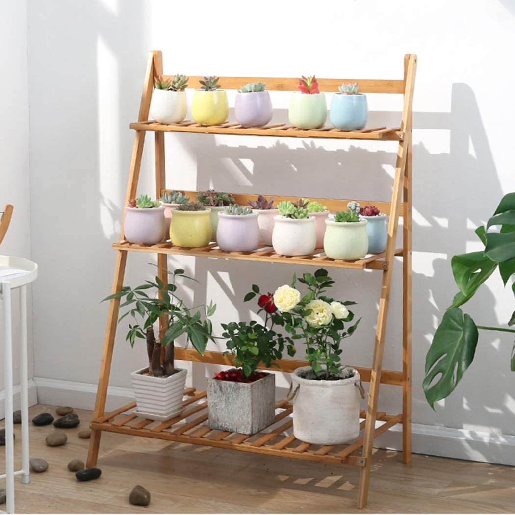 4-Tier Wooden Foldable Ladder Shelf Plant Stands Flower Display Balcony Stand US 