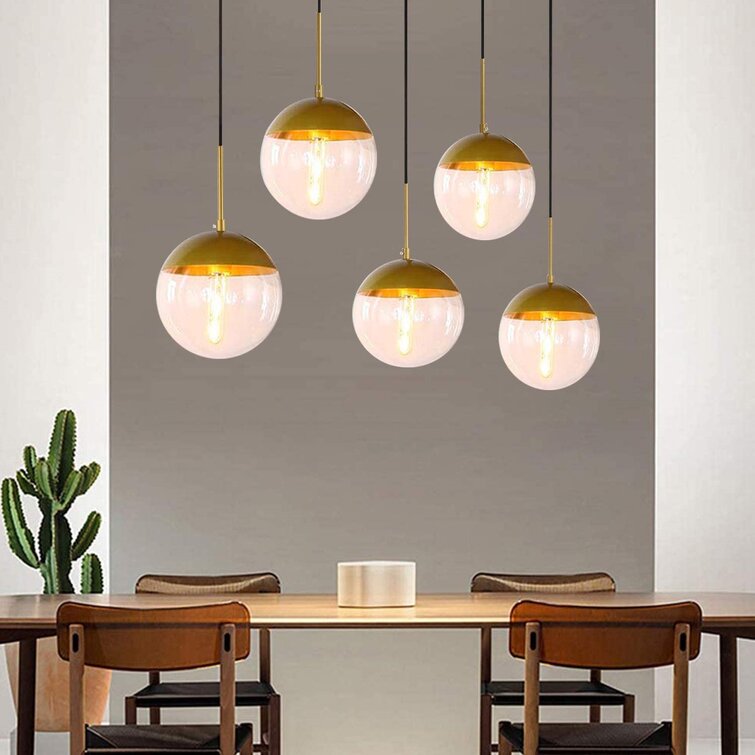 Dining Room Cafe E26 LED Chandelier Lamp Fixture for Kitchen Island Chrome Counter A1A9 Modern Industrial Glass Ball Globe Ceiling Lights Fitting Kitchen Pendant Light with Sphere 5-Light Bar 
