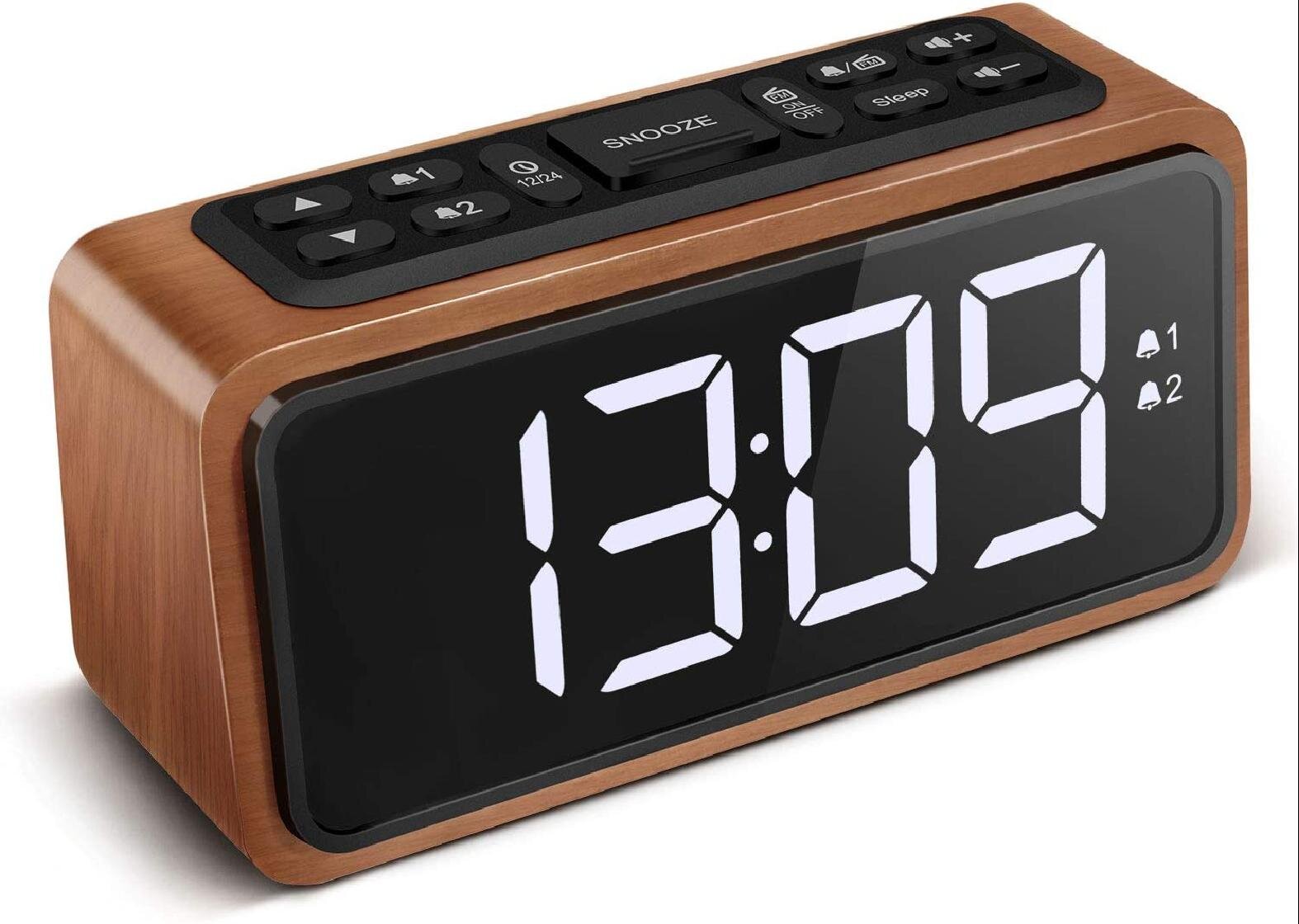 Adjustable Brightness Dimmer and Snooze Simple LED Clock with Dual Alarm Powered by AC Adapter Koosin Large LED Display Wood Digital Alarm Clock FM Radio Alarm Clock 12/24 Hour 