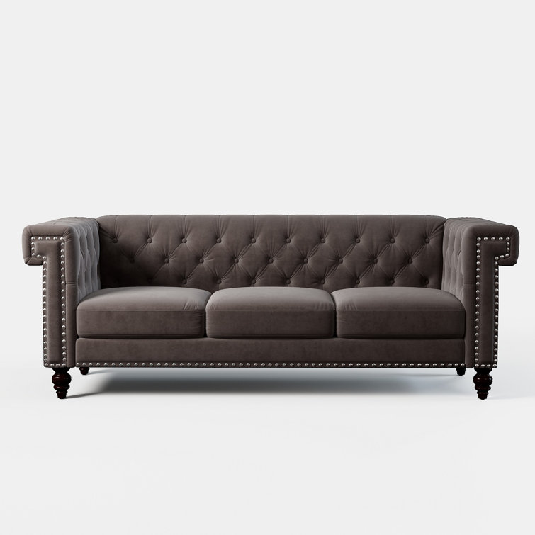 Velvet Rolled Arm Chesterfield Sofa With Nailhead Decoration Velvet Rolled Arm Chesterfield Sofa With Nailhead Decoration