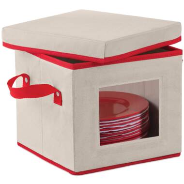 MEDIUM - LAMINET Dinnerware Storage Box with Lid & Handles Fits 12 Dessert Plates Sturdy BEIGE Fabric with BROWN Trim 9 x 9 x 8H Includes Plate Separators! 