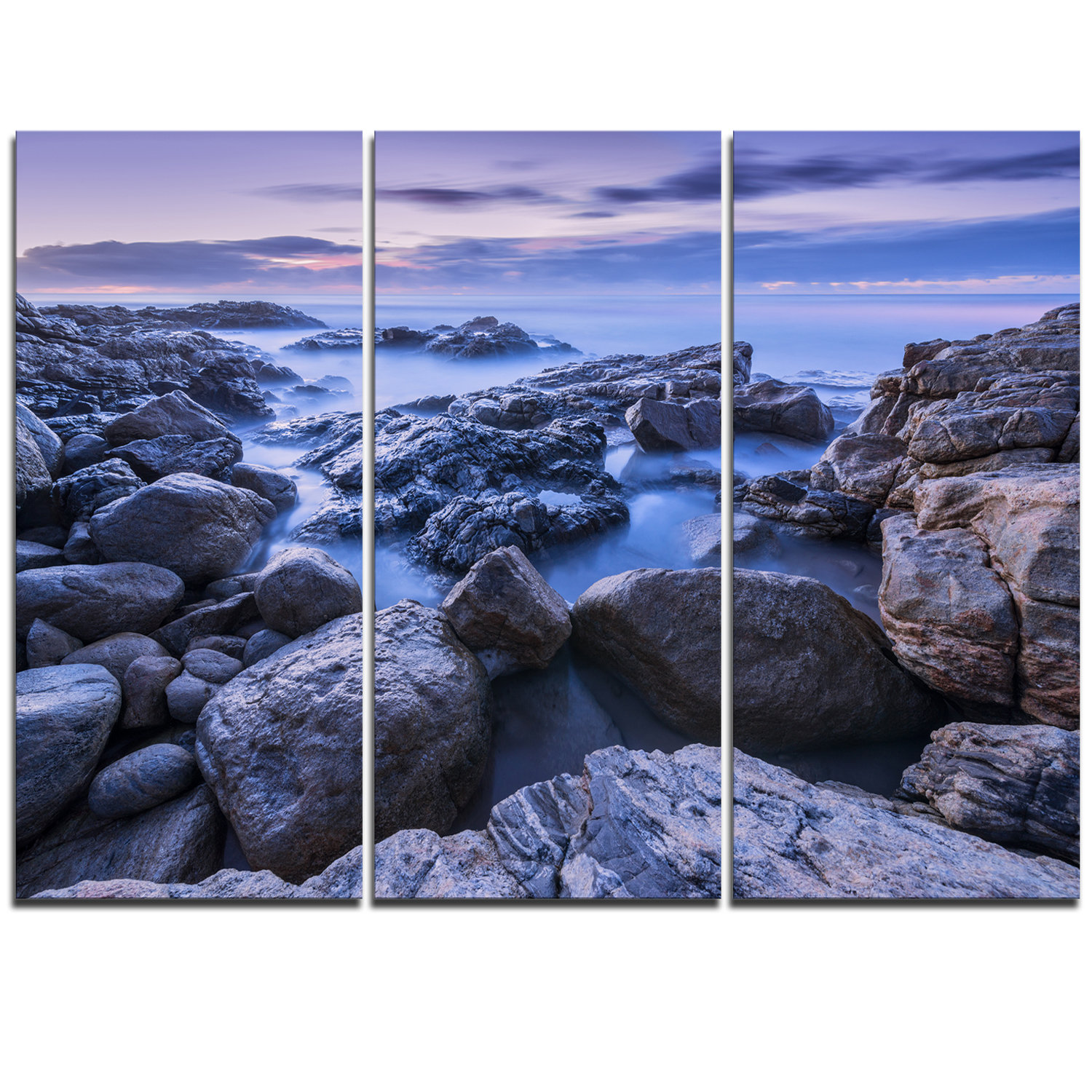 Designart Rocky Blue Seashore In Morning 3 Piece Graphic Art On Wrapped Canvas Set Wayfair