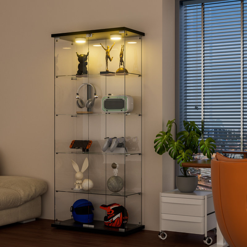 Jacquelline Tempered Glass Display Cabinet with 2 LED Lights, 5-Shelf Curio Cabinet with 2 Doors Color: Black