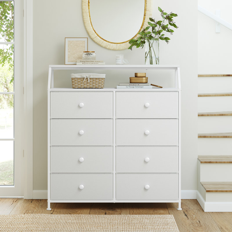Ojaswi 8 Drawer, Double Dresser with Wooden, Chest of Drawer in 37.6'' Color: White