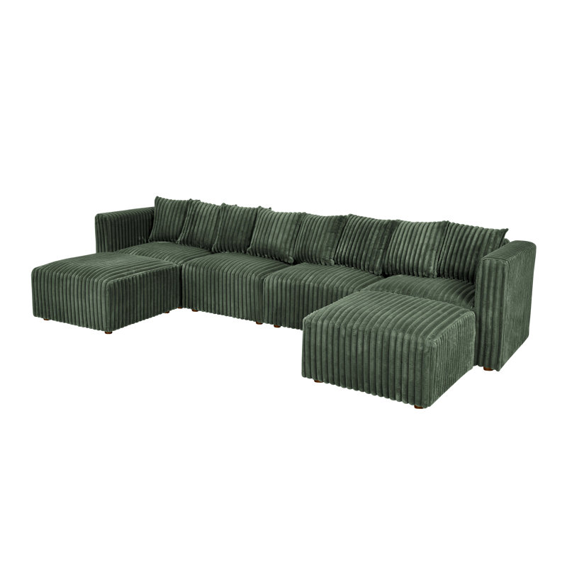 (incomplete left and right sofa, armless chair and ottoman only) Dornwich Modular Sectional Body Fabric: Dark Green Faux Fur (4 boxes for pickup)