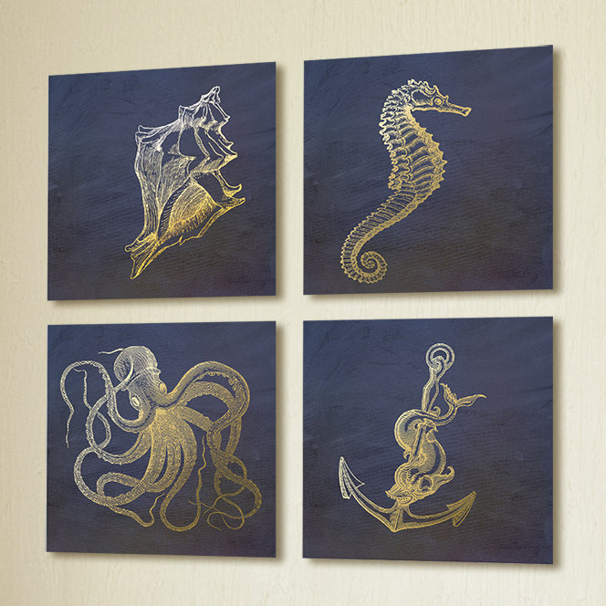 Golden Seashell Seashell Octopu Sand Anchor 4pc Wall Plaque Art Set
