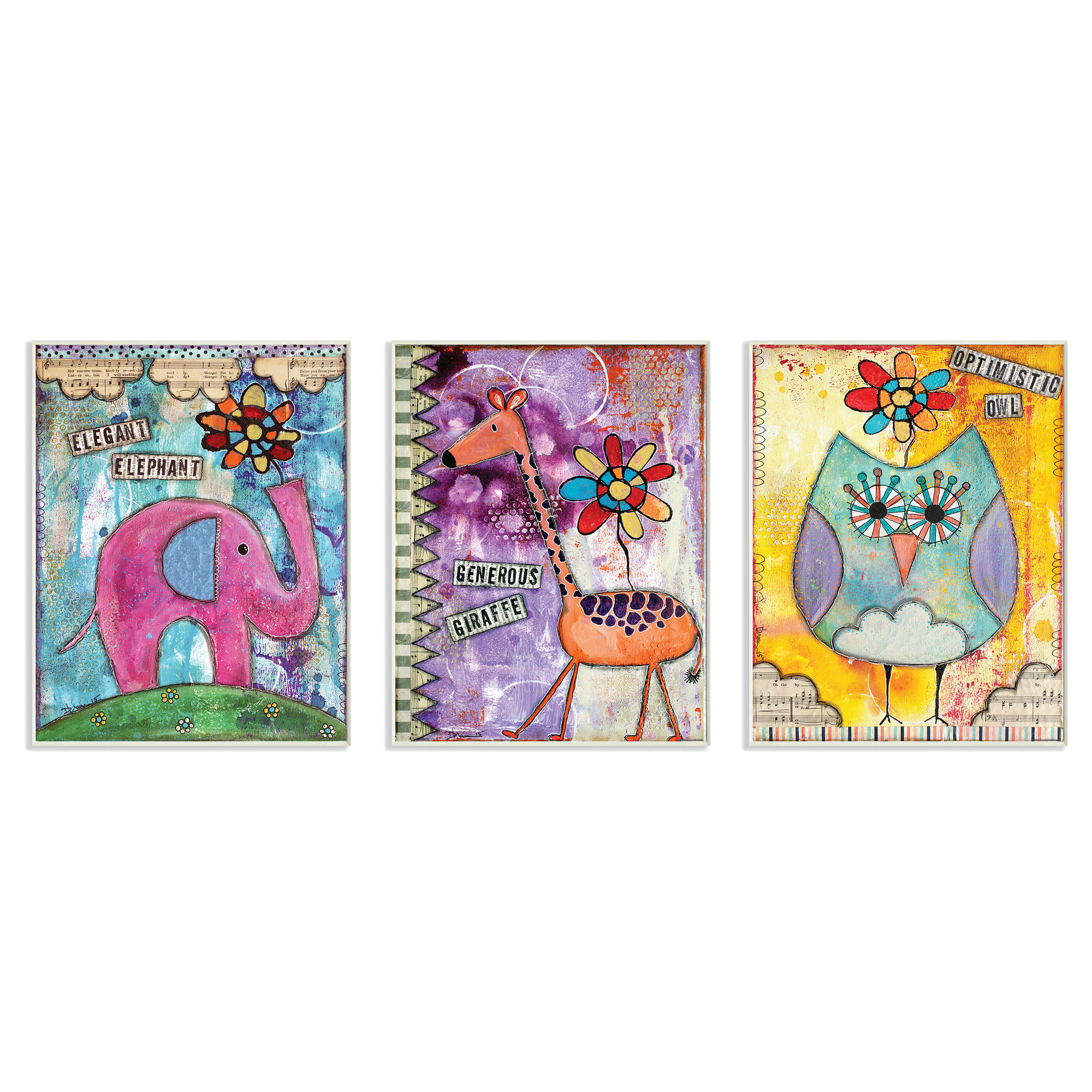 Stupell Industries The Kids Room Elegant Elephant Generous Giraffe The Kids Room Elegant Elephant Generous Giraffe Optimistic Owl 3 Piece Wall Plaque Set