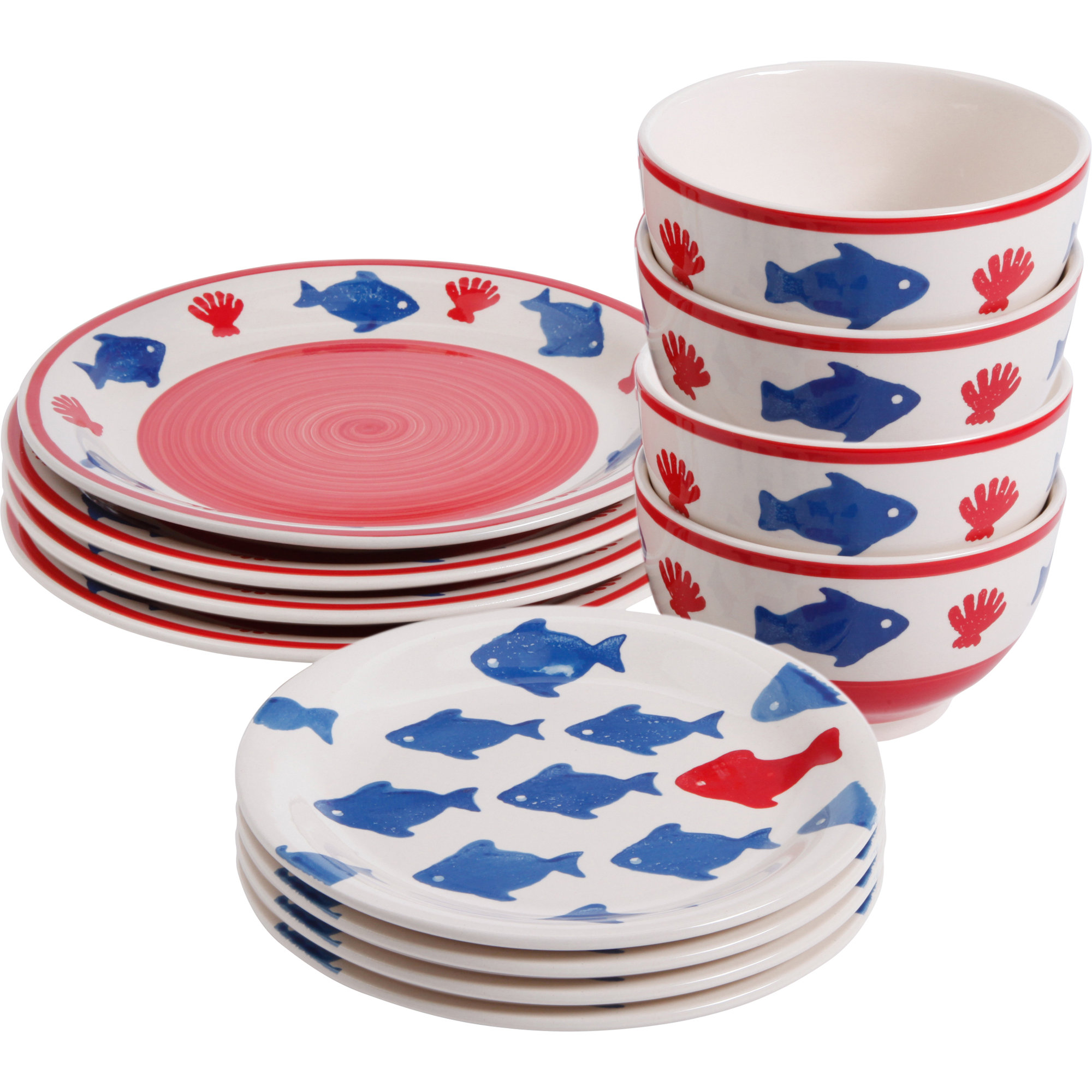Gibson School of Fish Coral 12 Piece Dinnerware Set, Service for 4
