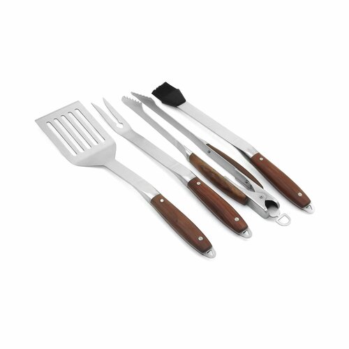 Stainless Steel BBQ 4-Piece Grilling Tool Set with Rosewood Handles by For The Chef