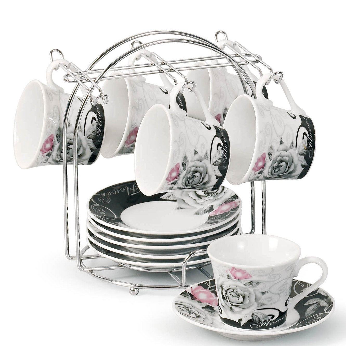 Lorren Home Trends Espresso Cup and Saucer Set with Metal Stand