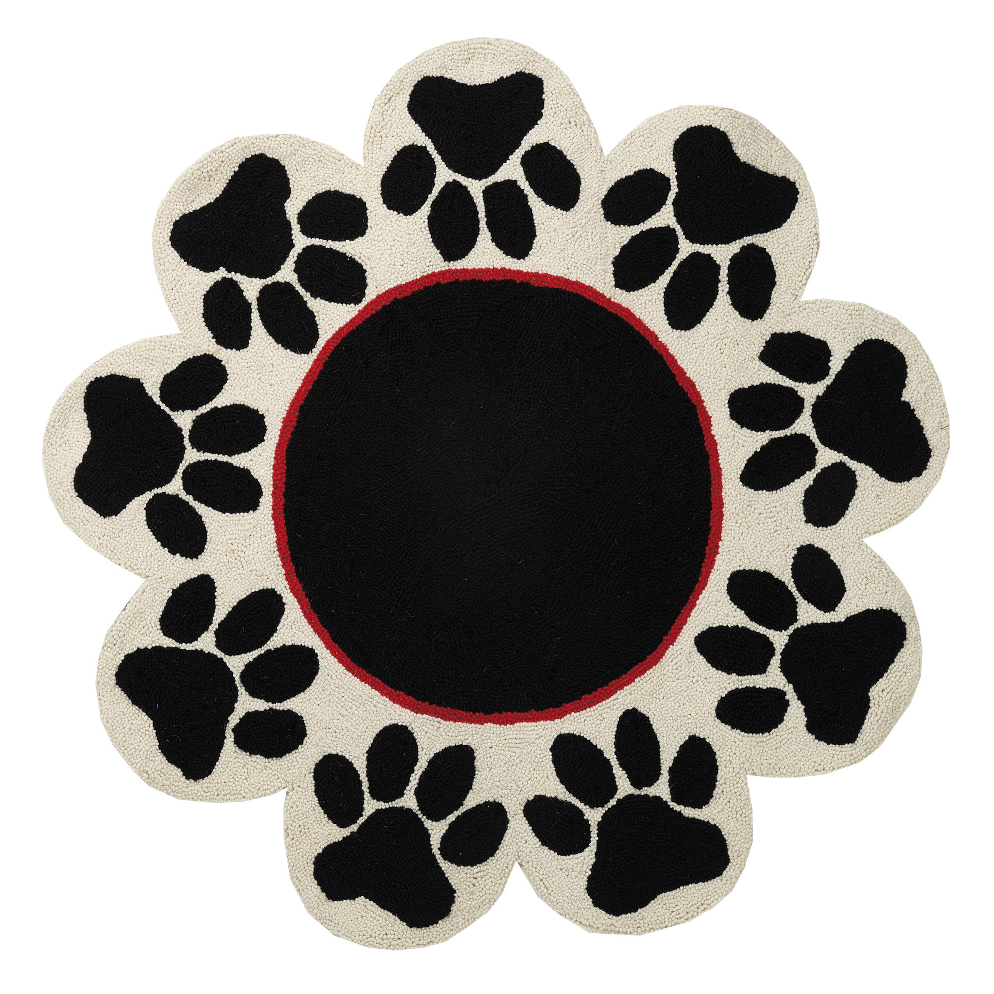 Ebern Designs Rizo Paw Prints Round Shaped HandHooked Wool Black/White